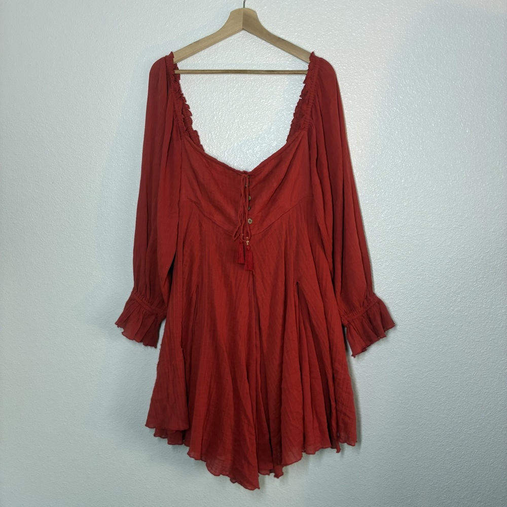 Free People Dress Womens Medium Red Smocked Balloon Sleeve Trapeze Mini Boho